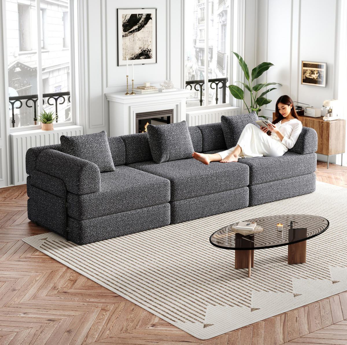 SCHLAFSOFA aus Chenille Grau 2-in-1 mit Armlehnen-Ablagefach und flexibler Modulnutzung - Grau, Textil (91.4/69.8/274cm) - Modfu