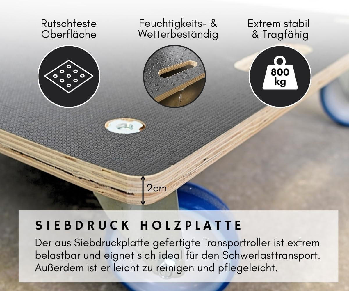 TRANSPORTROLLER mit 4 Rollen 2 Stück 15x58x58cm Traglast 300kg Siebdruck Holzplatte Schwarz - Schwarz, Metall (58/58/15cm) - PROREGAL