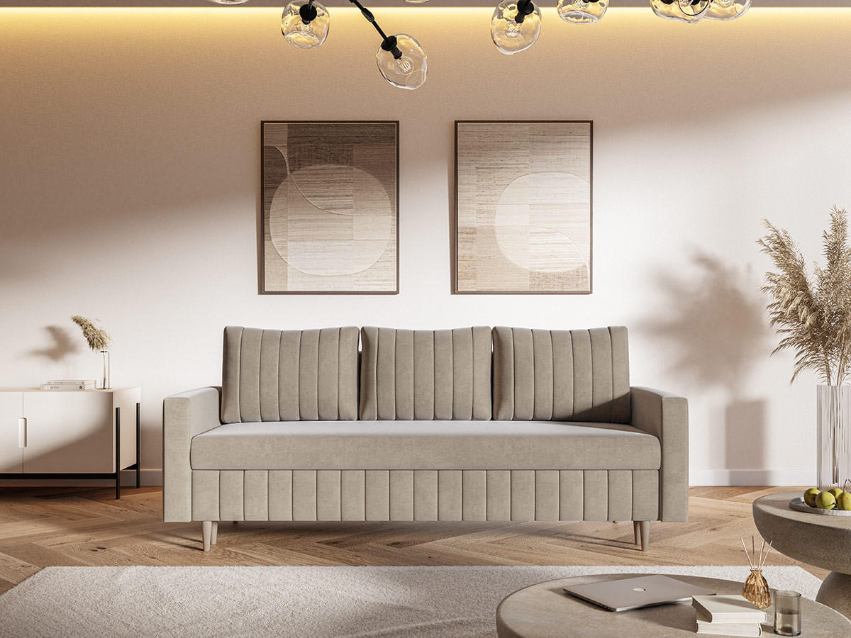 SCHLAFSOFA 215 cm Scandi, 3-seater, Bettkasten, Beine, Beige - Beige, Holz (215/94/90cm) - Emporius