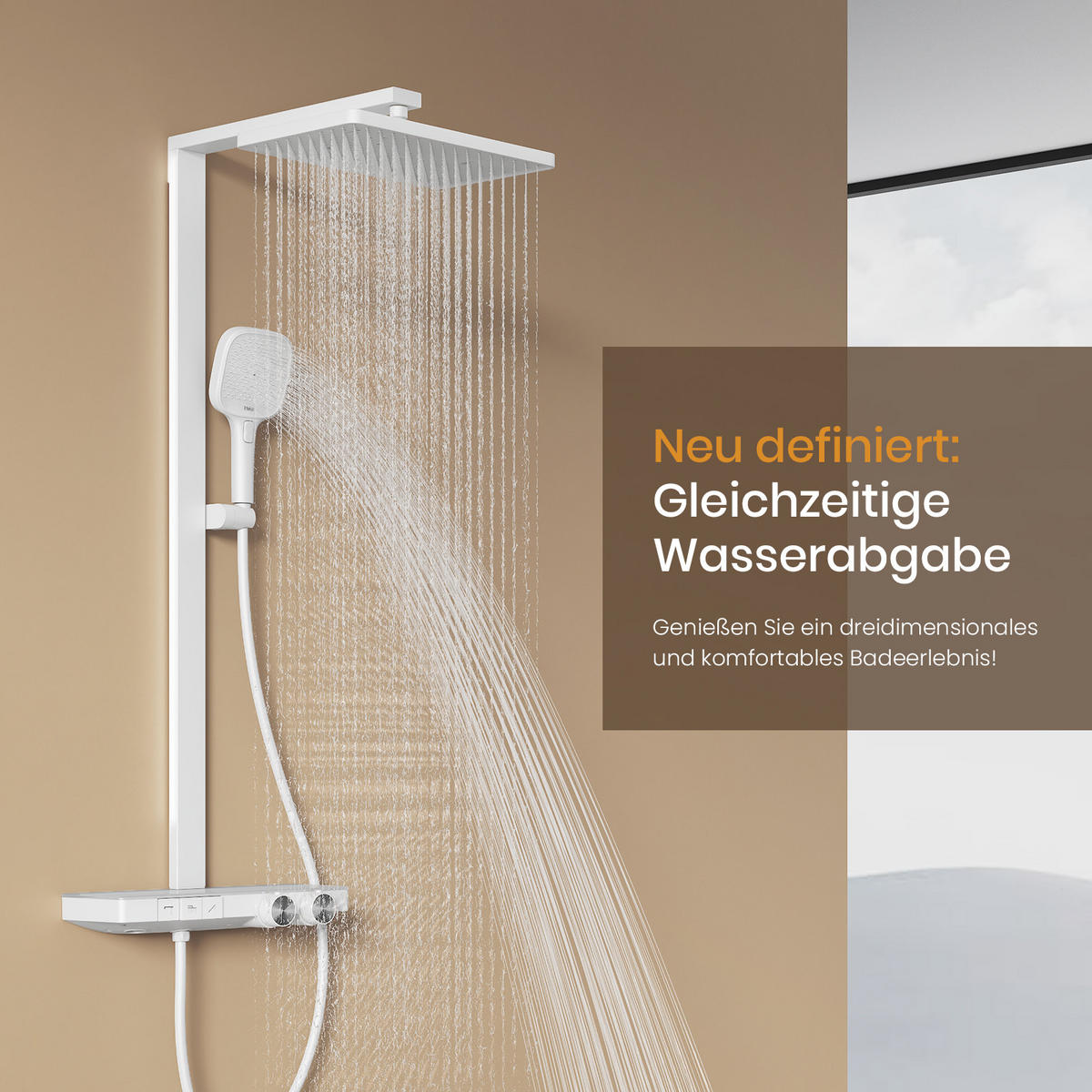 ÜBERKOPFBRAUSESET mit Thermostat Einstellbarer Durchfluss 4-Strahl Mattweiß - Weiß, Metall (40.2/105/57.3cm) - EMKE