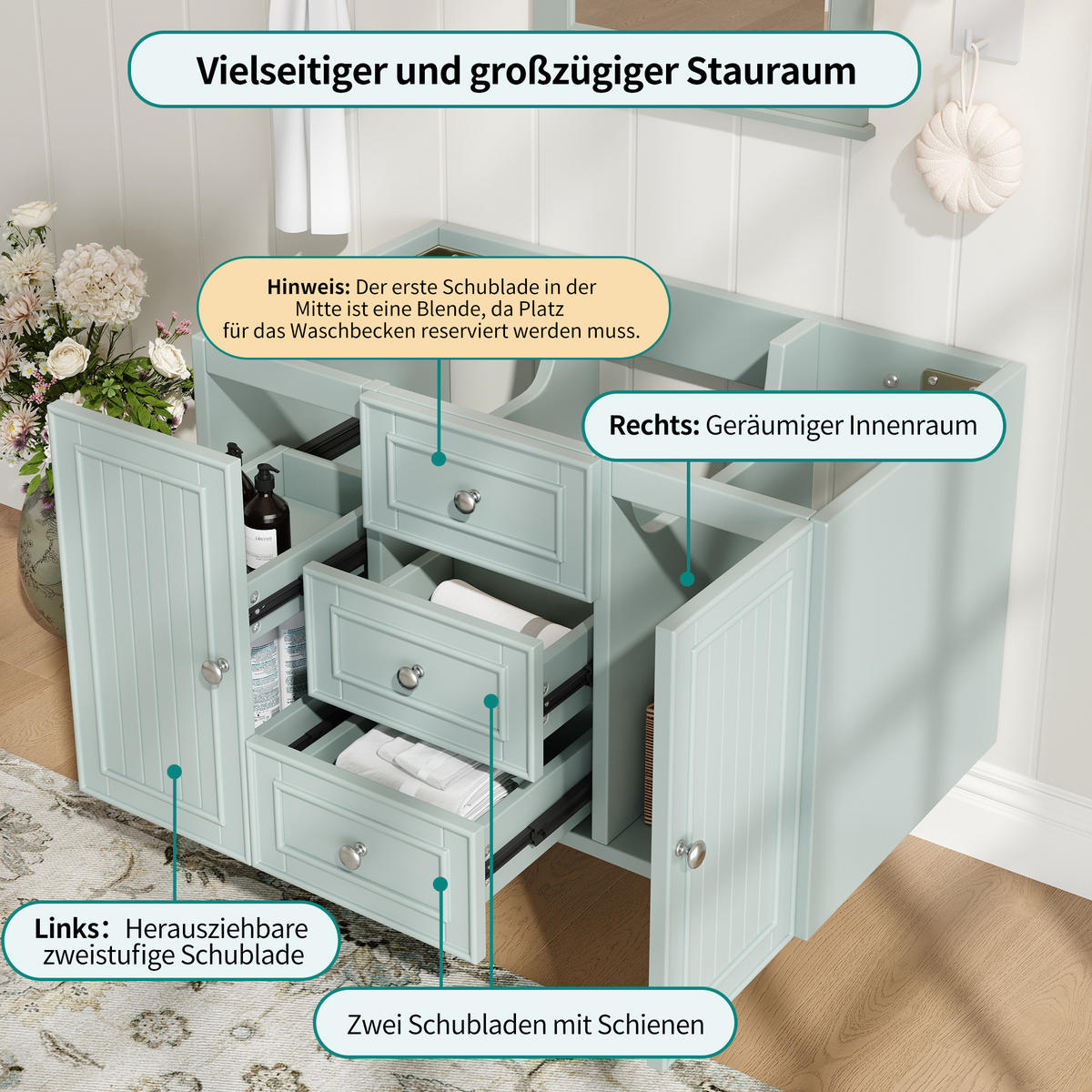 WASCHTISCH 78.5x46x46.8cm Grün Mit 3 Schubladen - Grün, Holzwerkstoff (46/46.8/78.5cm) - FLIEKS