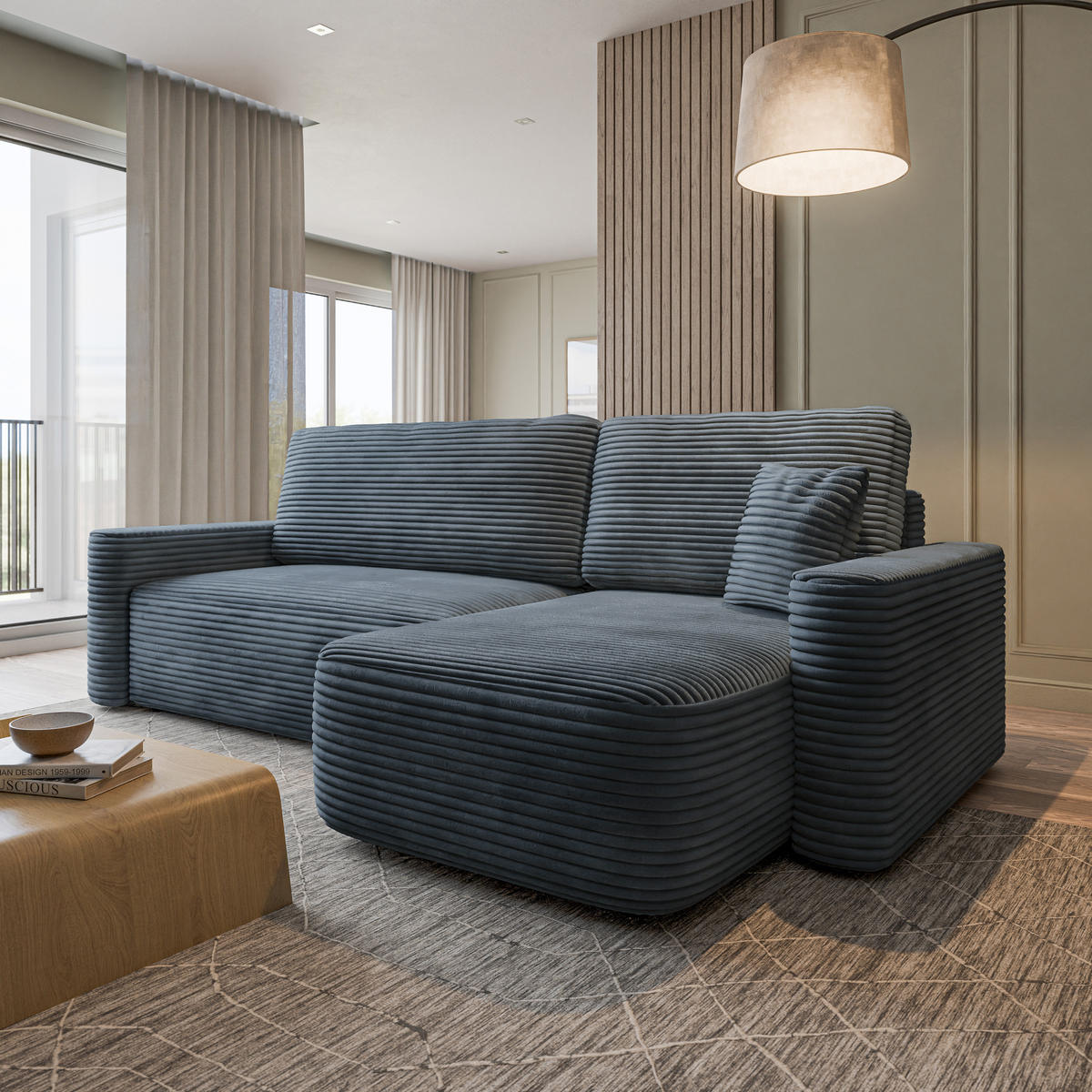 ECKSOFA NERI T Grau Kordstoff mit Schlaffunktion - Grau, Holzwerkstoff/Textil (280/157cm) - MASSENO