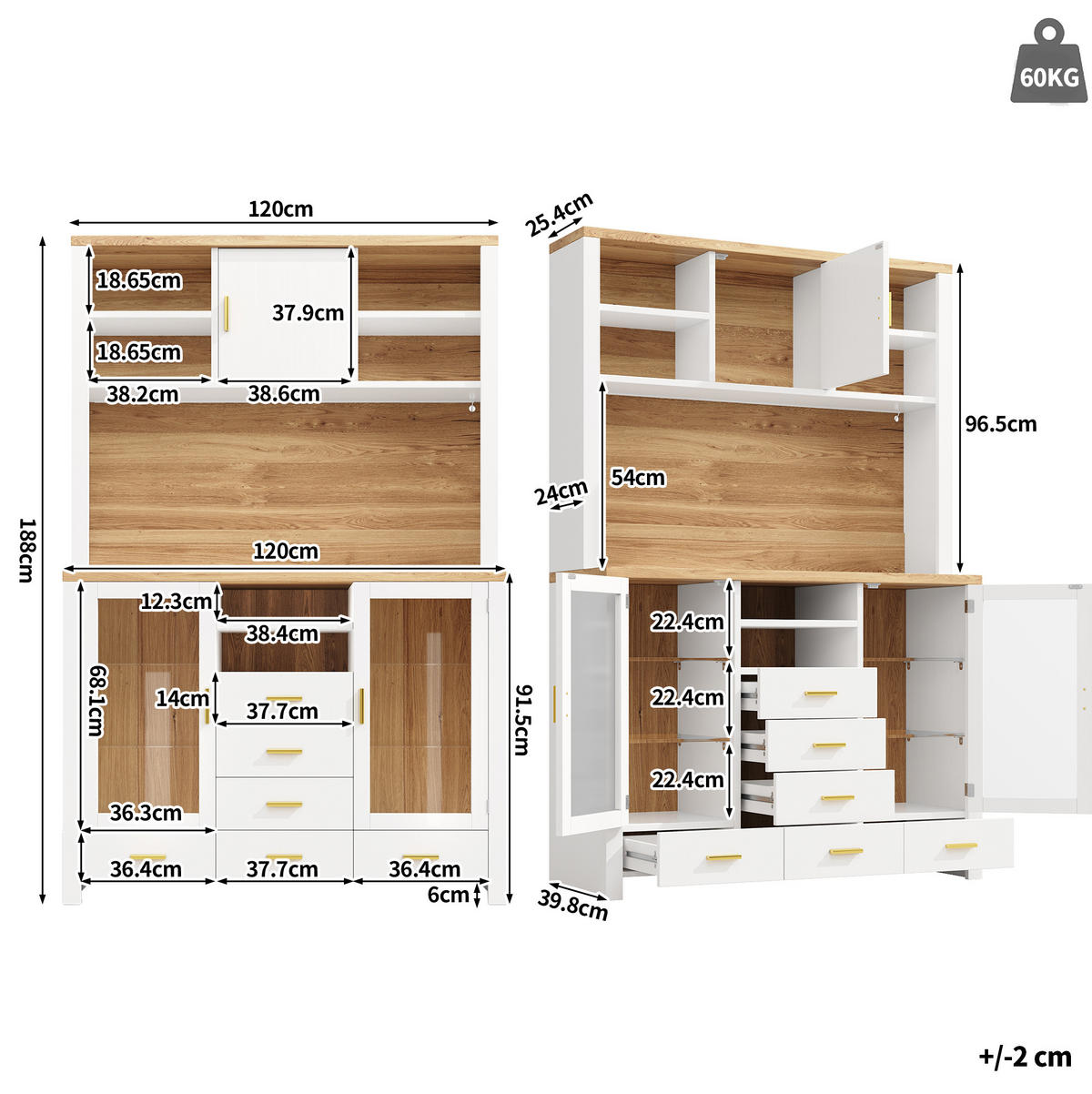 BUFFET 120/180/40 cm Weiß mit Holzdekor aus MDF und Glas mit LED-Lichtleiste - Weiß, Holzwerkstoff (40/188/120cm) - OKMYHOME