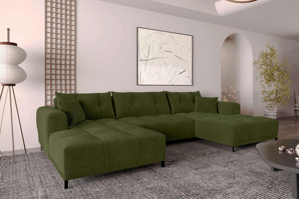 WOHNLANDSCHAFT Massimo Cordstoff Olivgrün inkl. Schlaffunktion - Schwarz/Olivgrün, Textil/Metall (356/94/181cm) - 99rooms