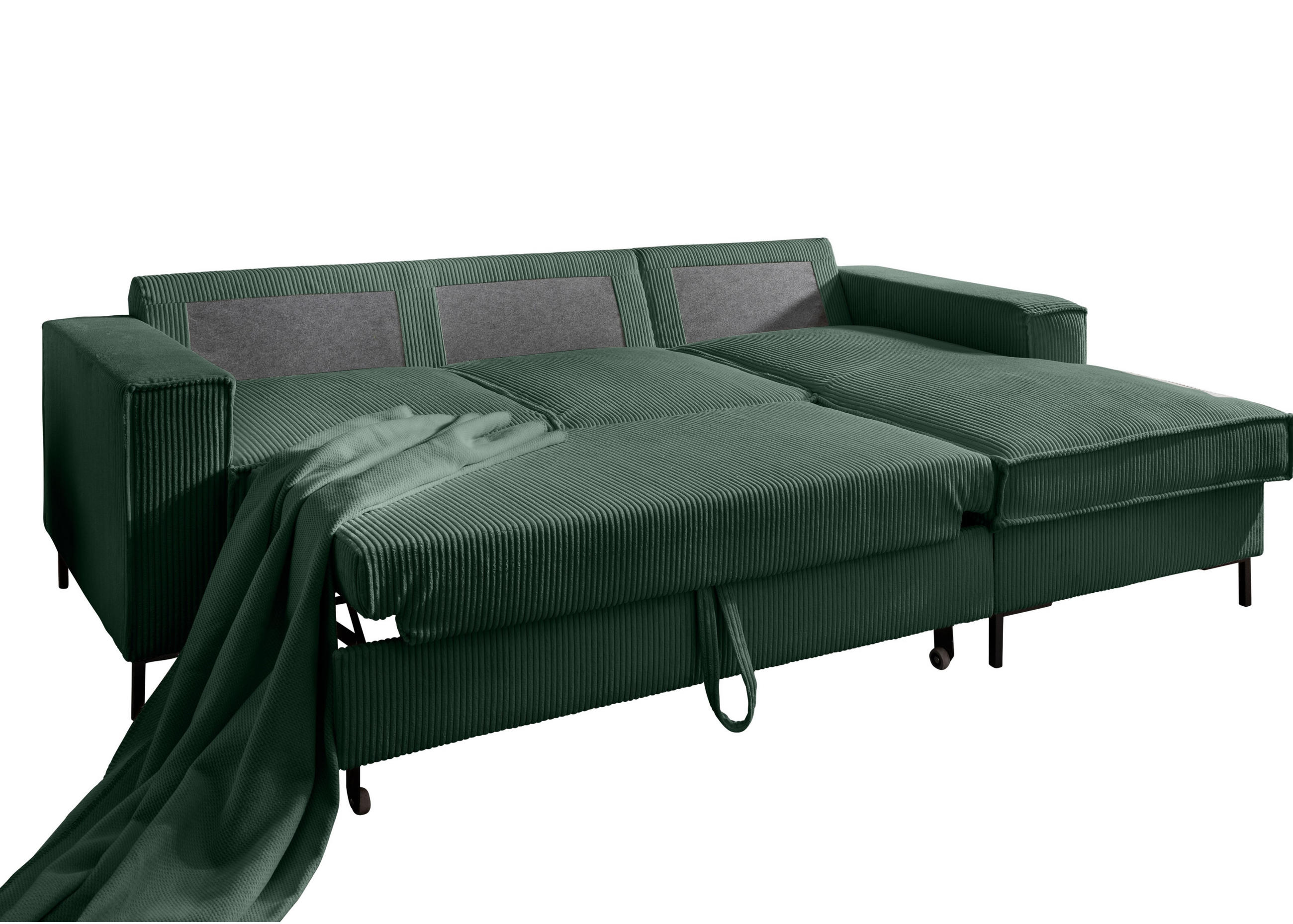 ECKSOFA mit Schlaffunktion, Bettkasten, Wellenunterfederung, Récamiere rechts B240/T150/H92 cm, Liegefl. 125x198 cm, Cord Grün / 17221 - Waldgrün/Schwarz, Textil/Metall (240/150cm) - luma-home