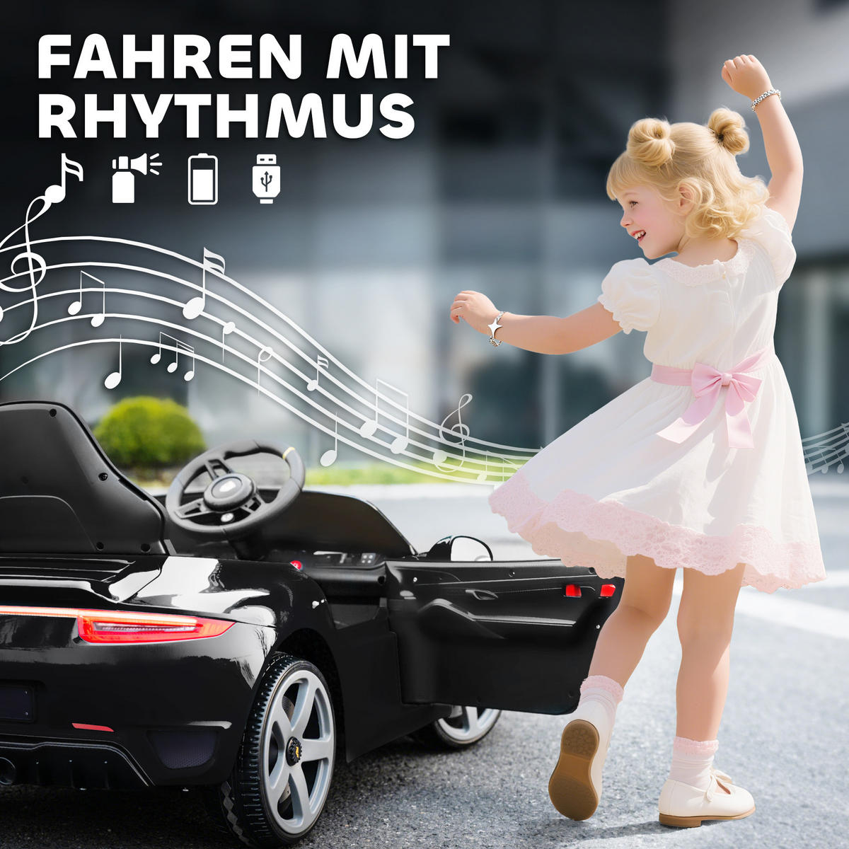 KINDER-ELEKTROAUTO 12V mit 2,4 GHz Fernbedienung, Softstart, Federungssystem - Schwarz, Kunststoff (108/65.5/47cm) - AIYAPLAY