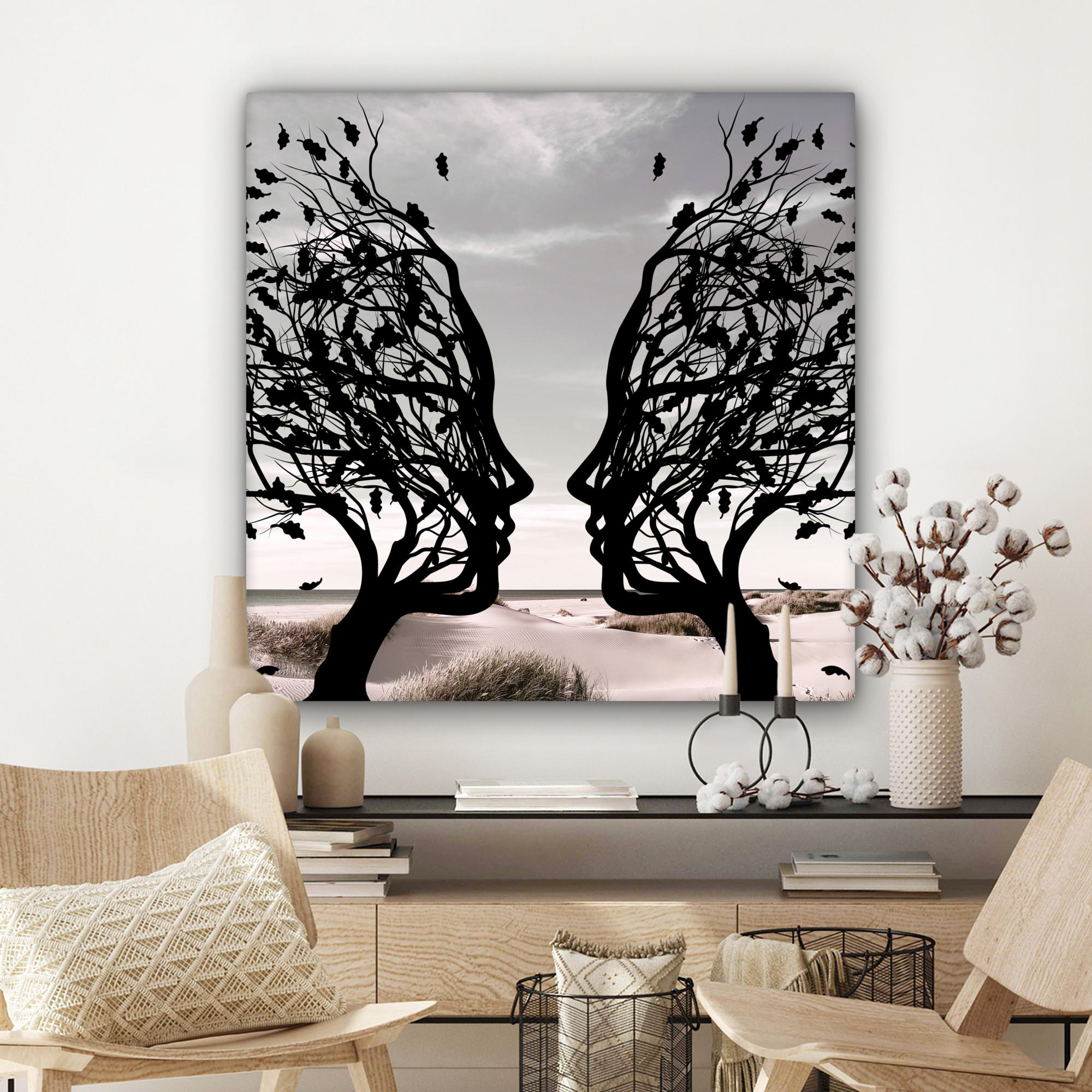LEINWANDBILD Strand - Meer - Menschen - Baum - Moderne Kunst 90x90 cm - Hellgrau, Textil (90/90cm) - MuchoWow