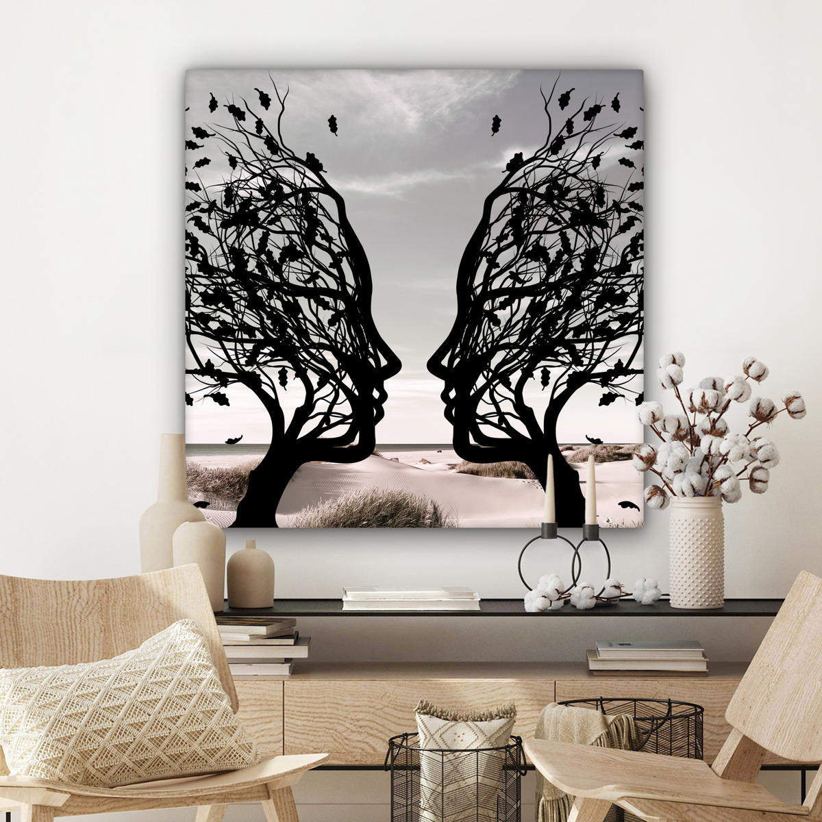 LEINWANDBILD Strand - Meer - Menschen - Baum - Moderne Kunst 90x90 cm - Hellgrau, Textil (90/90cm) - MuchoWow