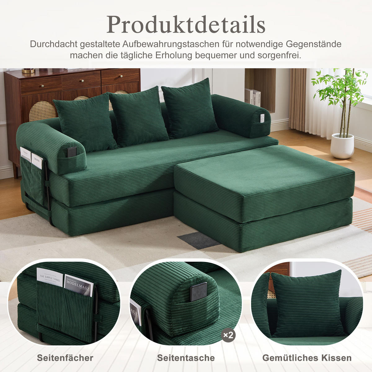 ECKSOFA Cord Smaragdgrün mit Hocker und Kissen - Smaragdgrün, Textil/Metall (218/285cm) - WISHDOR