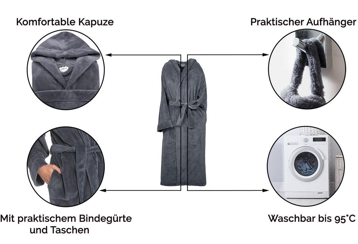 BADEMANTEL, XXL, 100% Polyester, Grau - Graphitfarben, Textil (XXLnull) - Zollner