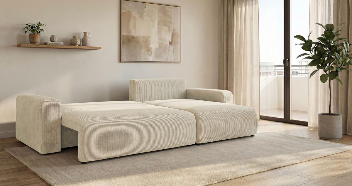 ECKSOFA BERLIN rechts weiß Cord Poso 100 - Schlaffunktion, Bettkasten - Weiß, Textil (285/184cm) - Cornero