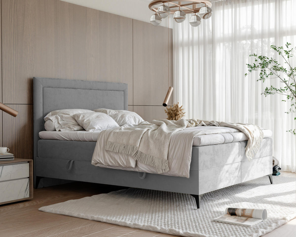 BOXBETT NERO 200/200 cm mit Matratze und Topper, Hellgrau - Hellgrau/Schwarz, Holzwerkstoff/Textil (200/200cm) - Idohome