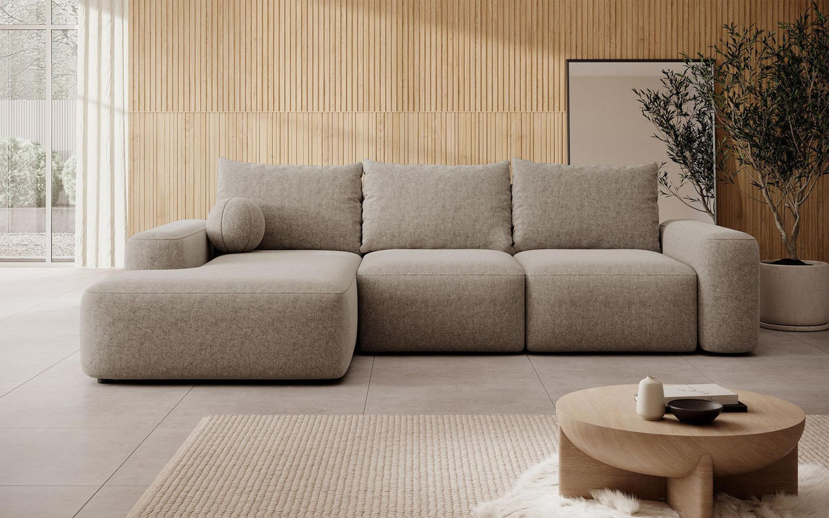 ECKSOFA Carnos mit Ballkissen, Hellbraun Chenille, linksseitig - Hellbraun/Schwarz, Kunststoff/Textil (264/162cm) - Selsey
