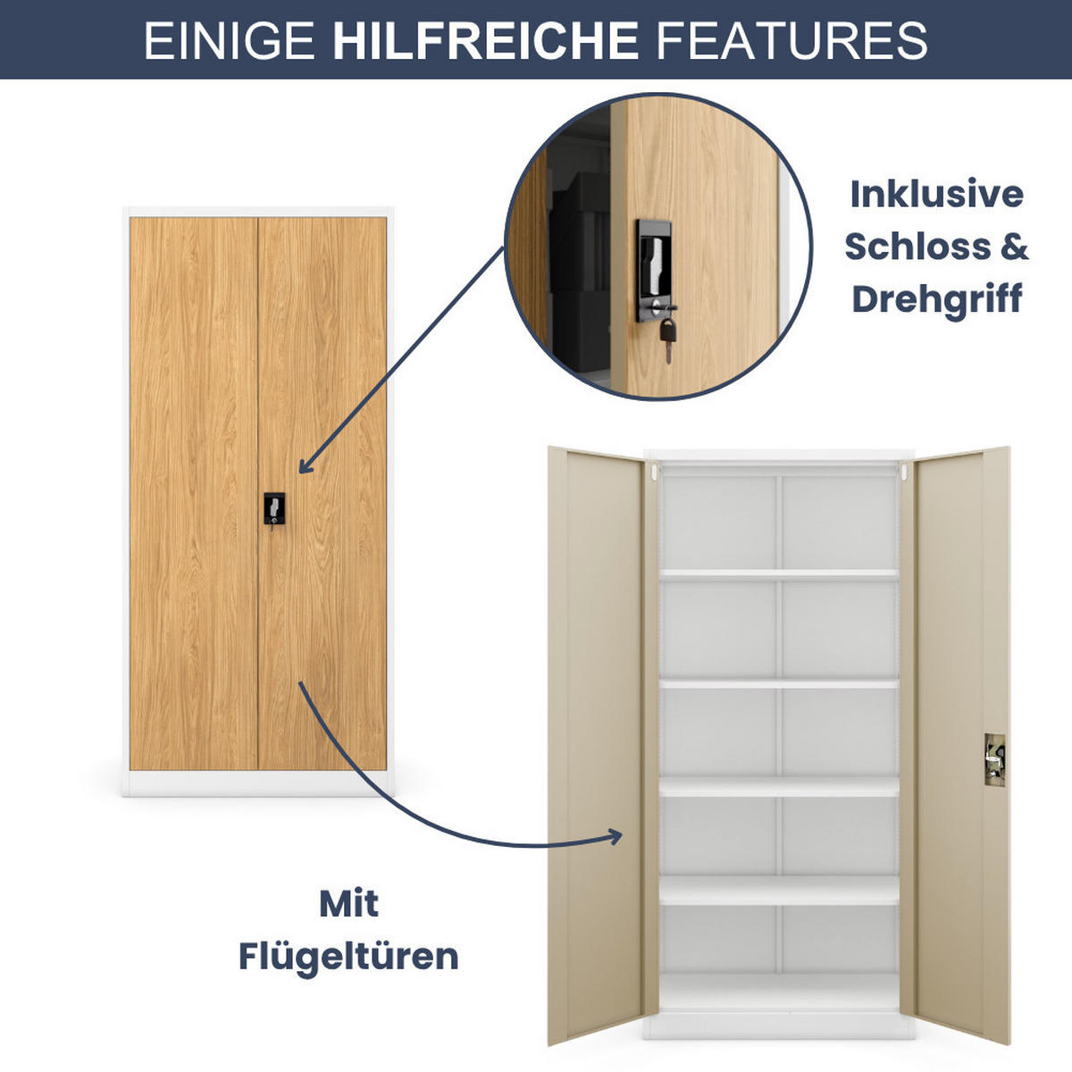 AKTENSCHRANK abschließbar KADO Flügeltüren 195x90x40cm Weiß-Goldene Eiche - Weiß, Metall (90/195/40cm) - DELUKE