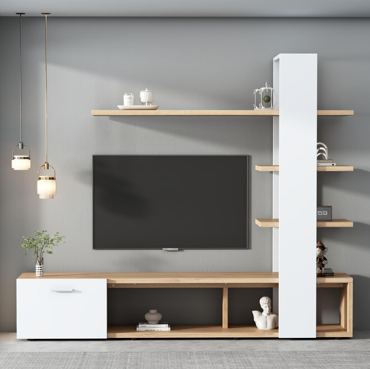 TV-WOHNWAND in Weiß und Holzoptik mit Tür 180/33.5/151.5 cm - Weiß, Holzwerkstoff (180/151.5/33.5cm) - Redom