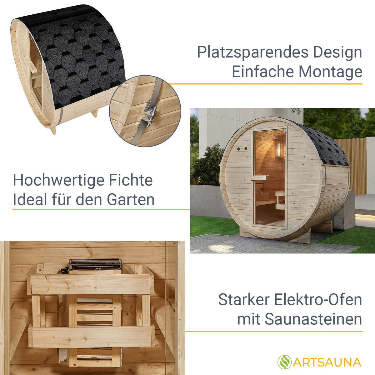 FASSSAUNA Spitzbergen 120 cm mit 3,6 kW Saunaofen (2 Personen) - Naturfarben, Holz (191/193/120cm) - Artsauna