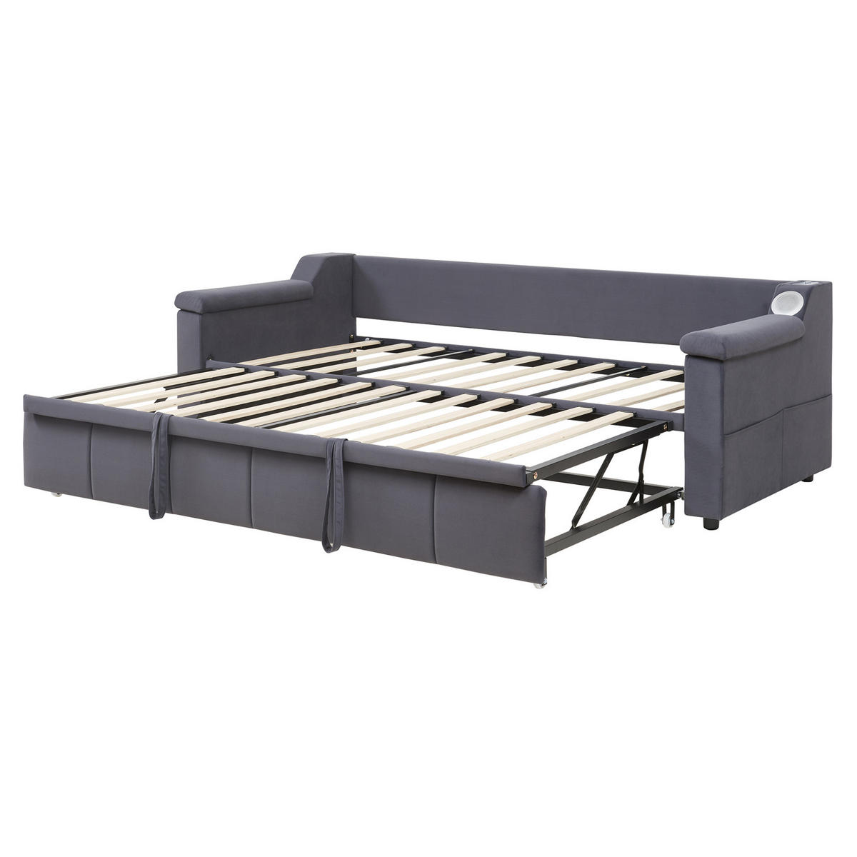 SCHLAFSOFA aus Samtstoff 90/180x190 cm Grau mit Bluetooth-Stereo, USB-Anschluss, Ablagefächern und Lattenrost - Grau, Textil (216/69/97cm) - Modfu