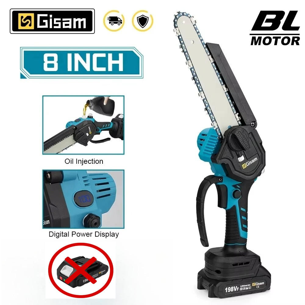 KETTENSÄGE 8 Zoll Bürstenlos Blau für Garten Holzbearbeitung Ohne Akku ohne Stecker - Blau, Metall (15/7/40cm) - Coonoor