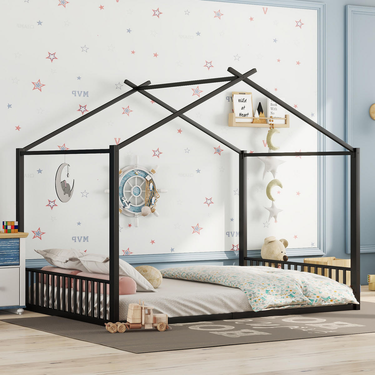 KINDERBETT 140/200 cm in Hausform aus Metall – Schwarz - Schwarz, Metall (140/200cm) - BEAOK