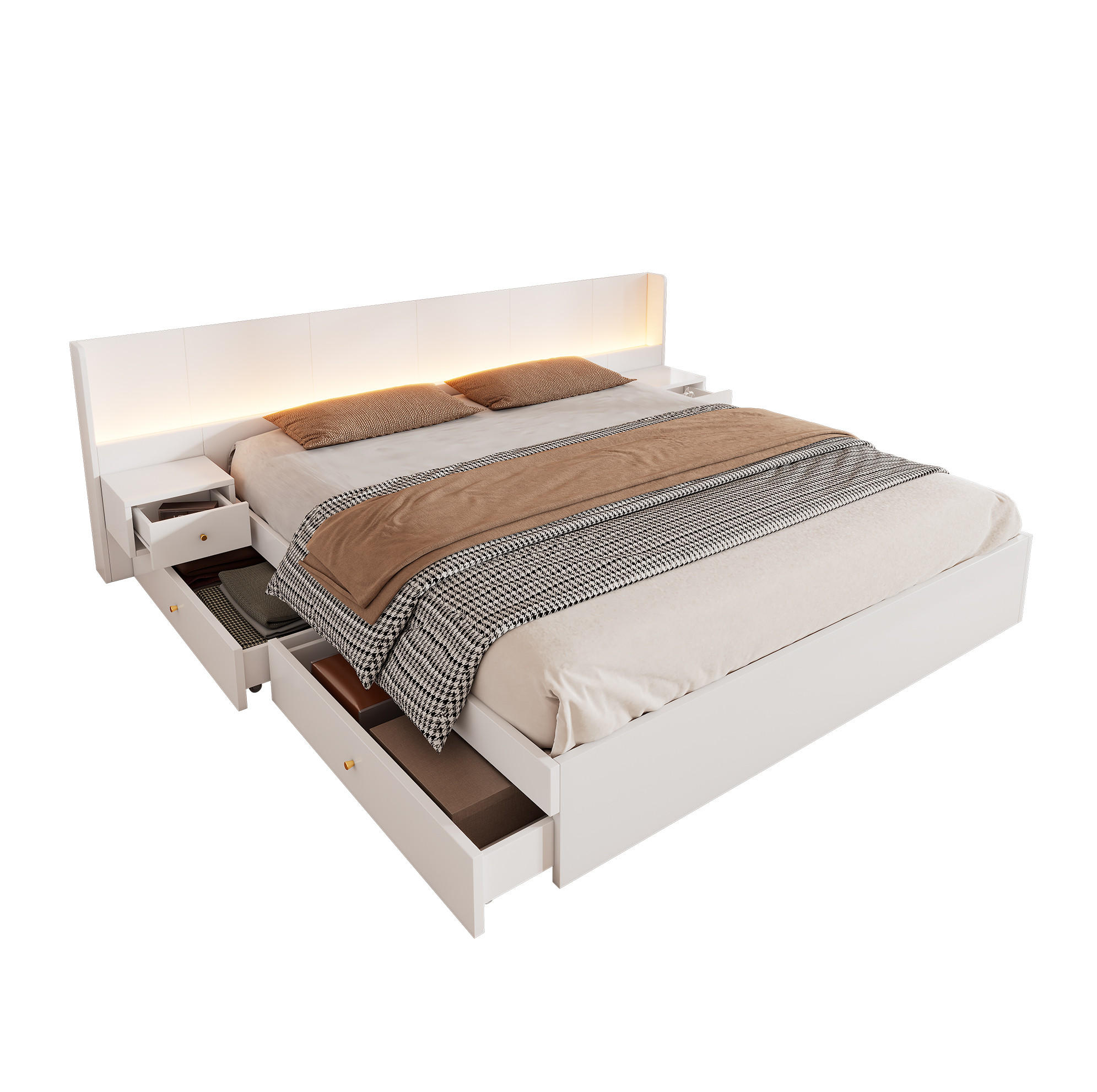 DOPPELBETT 180/200 cm in Weiß mit LED, USB, Steckdose, 2 Nachttischen & Schubladen - Weiß, Holzwerkstoff (180/200cm) - BEAOK