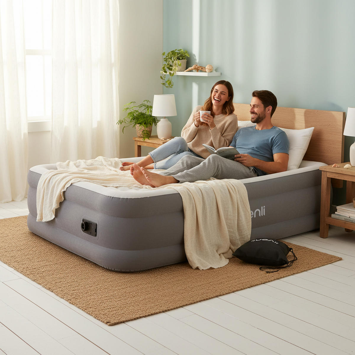 LUFTBETT Luftmatratze selbstaufblasend 203 x 152 x 46 cm mit integrierter Pumpe - Grau, Kunststoff (152/203cm) - Avenli