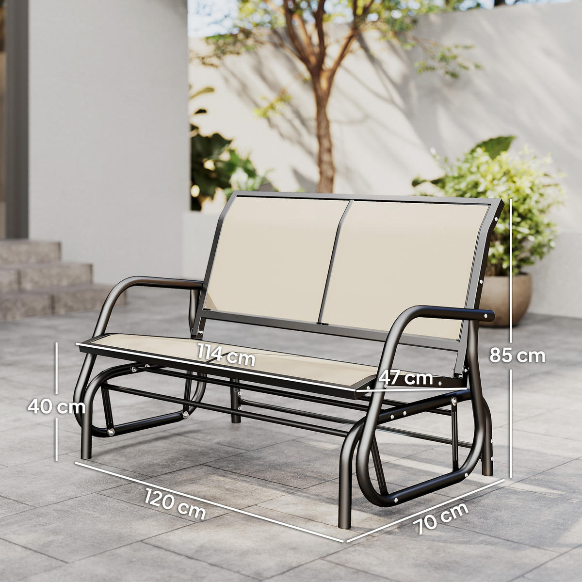 2-SITZER SCHAUKELBANK DE-07005 mit Schaukelmechanismus, Netzstoff Schwarz/Beige - Beige, Textil/Metall (120/85/70cm) - ComfortXL