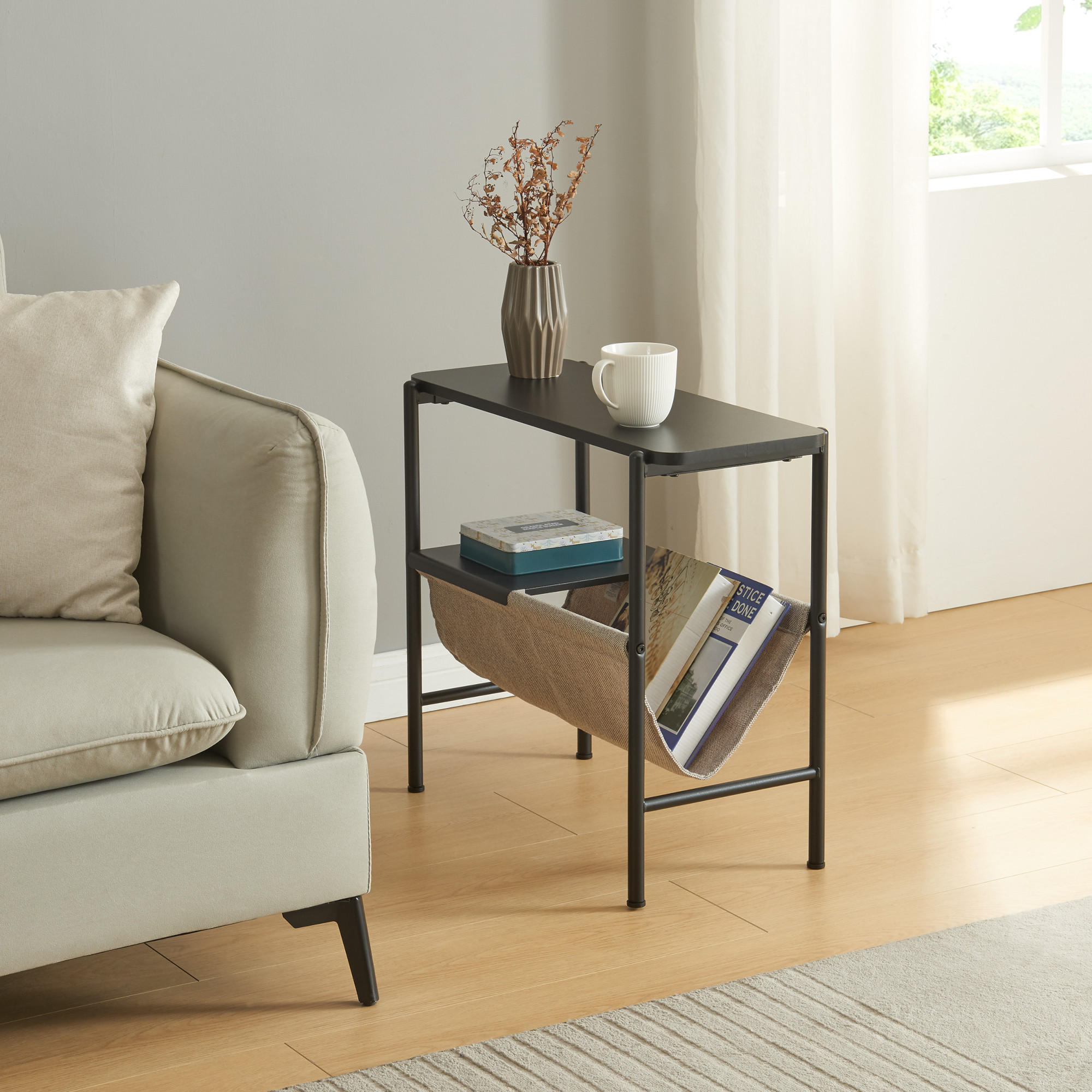 BEISTELLTISCH Samnanger - Schwarz/Grau, Holzwerkstoff/Textil (60/28/53cm) - [en.casa]