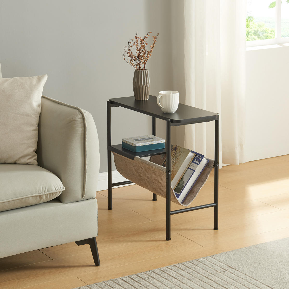 BEISTELLTISCH Samnanger - Schwarz/Grau, Holzwerkstoff/Textil (60/28/53cm) - [en.casa]