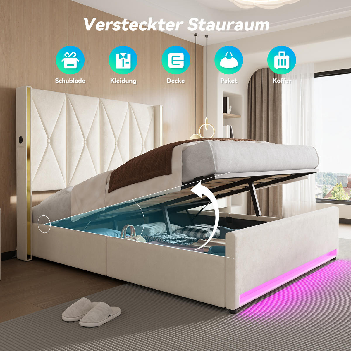 POLSTERBETT 160/200 cm in Beige mit Stauraum und LED-Beleuchtung - Beige, Textil (160/200cm) - Flora Grace