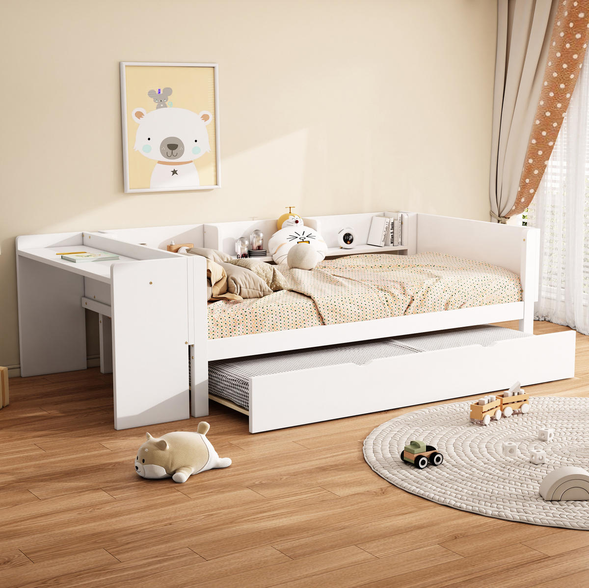 KINDERBETT 90/200 cm Weiß mit Ausziehbett und Schreibtisch aus Kiefernholz MDF - Weiß, Holzwerkstoff (90/200cm) - OKWISH