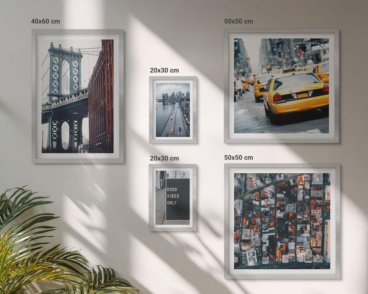 WANDBILDER 5er Set - 50x50 cm & 20x30 cm & 40x60 cm Silberner Rahmen - Brückenstadt-Inschriften aus der Vogelperspektive - Silberfarben, Kunststoff (40/60cm) - ArtPrintCave