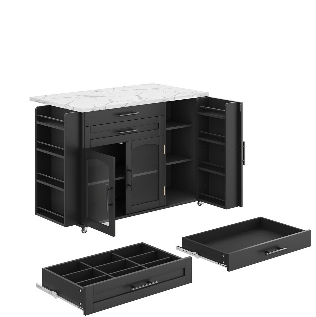 KÜCHENINSEL 120/45-70/90 cm mit klappbarer Arbeitsplatte, Glastüren, Schubladen und Rollen aus MDF, Schwarz - Schwarz, Holzwerkstoff (138/90/70cm) - Redom