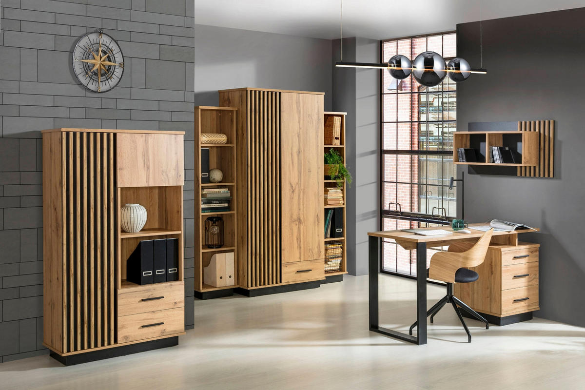 HIGHBOARD LAMI 4 90/160/40 cm in Wotan Eiche / Schwarz Matt mit Lamellen - Eiche Wotan/Schwarz, Holzwerkstoff (90/160/40cm) - Deine Möbel 24