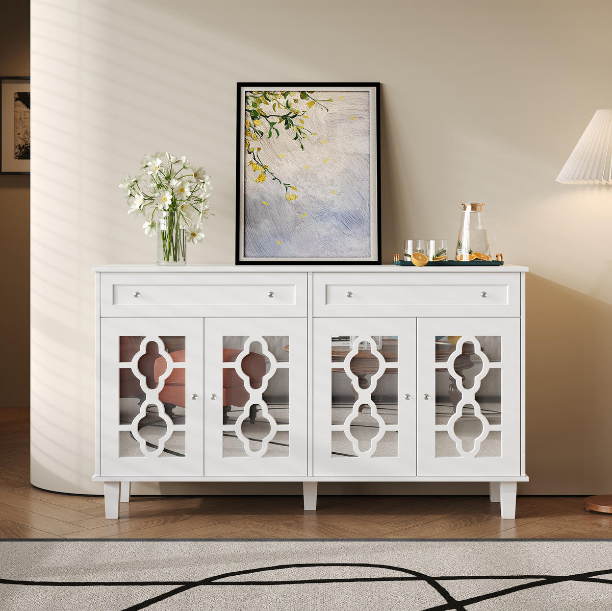 SIDEBOARD 140/40/83 cm mit 4 Spiegeltüren & 2 Schubladen in Weiß - Weiß, Holzwerkstoff (140/83/40cm) - BEAOK