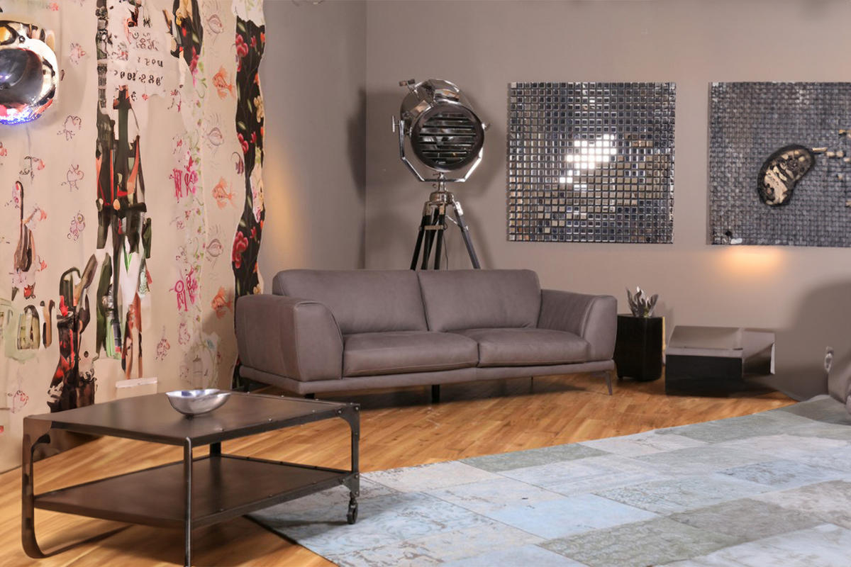 LEDERSOFA DESIDE Grau Leder - Schwarz/Grau, Leder/Metall (225/82/100cm) - KAWOLA