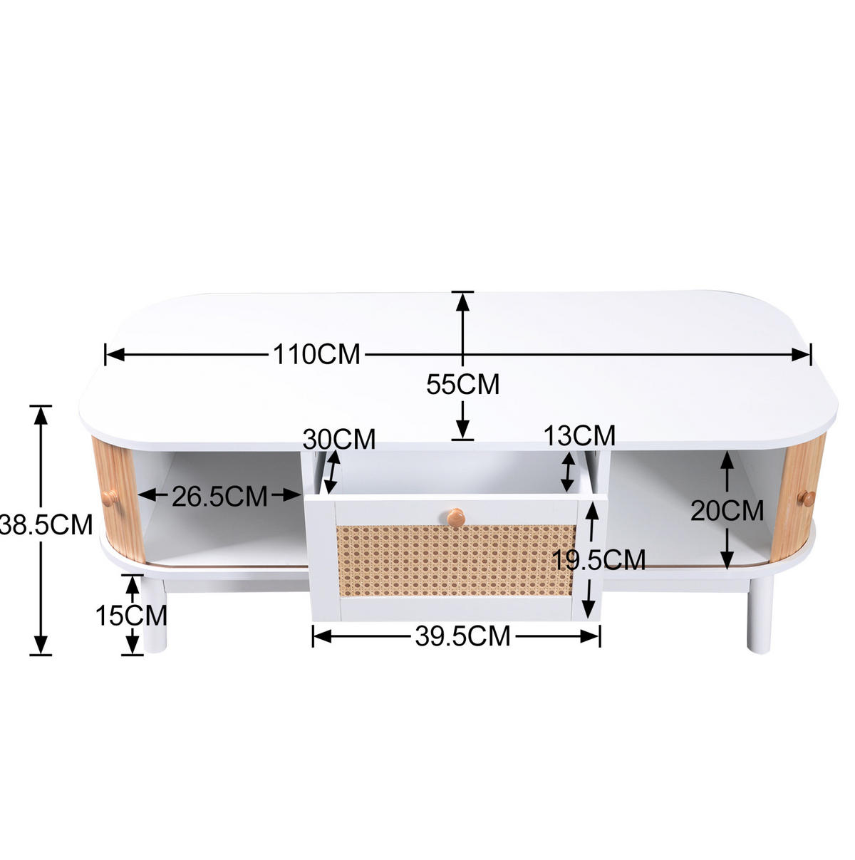 COUCHTISCH aus MDF 110x55x38,5 cm Weiß mit Holzoptik, Schubladen und Stauraum - Weiß, Holzwerkstoff (110/55/38.5cm) - IVMEU
