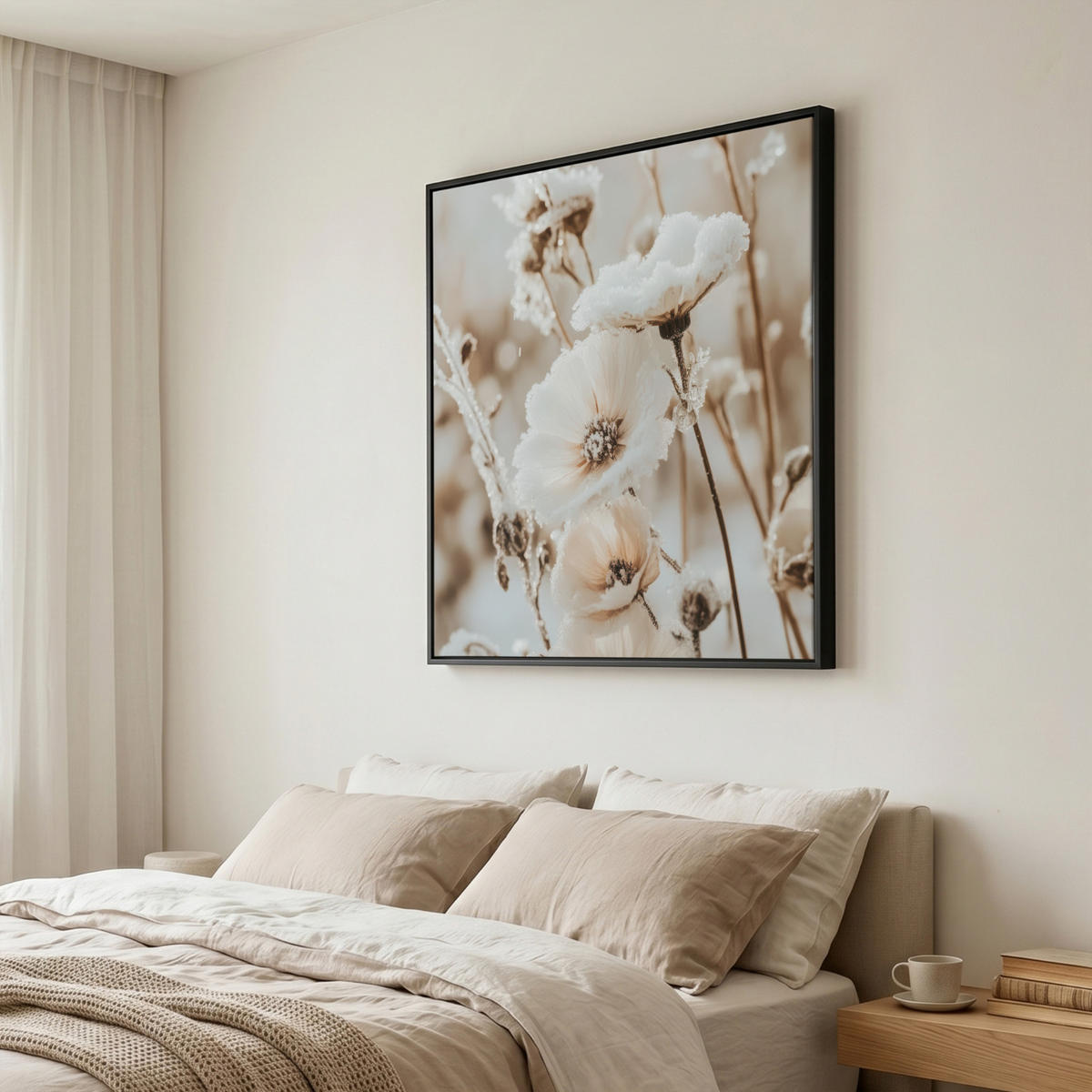 LEINWAND Bilder mit Rahmen - Blumen - Winter - Weiß - Schnee - Beige - 90x90 - Creme, Textil (90/90cm) - MuchoWow