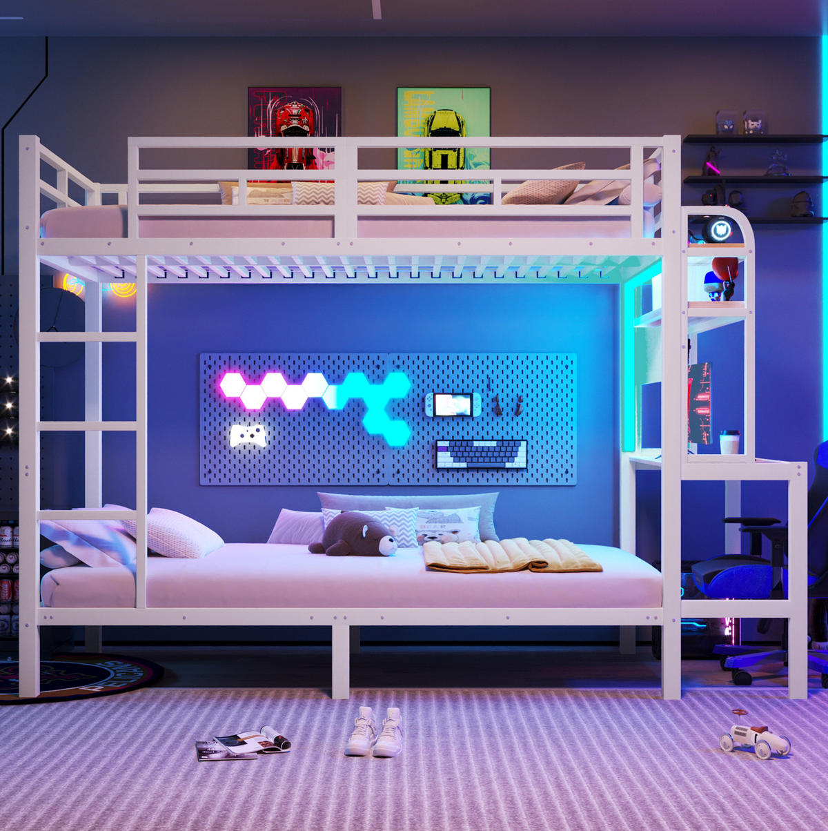 ETAGENBETT 90x200 cm in Weiß mit Schreibtisch, LED-Beleuchtung und USB-Anschluss - Weiß, Metall (90/200cm) - IVMEU