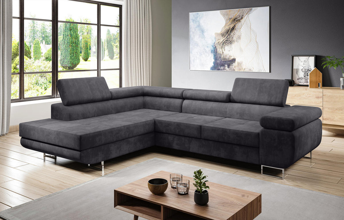 ECKSOFA L Form Kanya Hellgrau 275/202/90 cm – Sofa mit Bettfunktion & Stauraum L - Silberfarben/Grau, Textil/Metall (202/275cm) - AX Living
