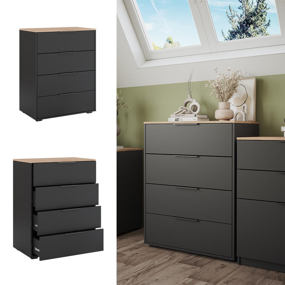 KOMMODE Betti Anthrazit 120 x 83.6 cm mit 4 Schubladen - Anthrazit/Sonoma Eiche, Holzwerkstoff (30/83.6/120cm) - Vicco