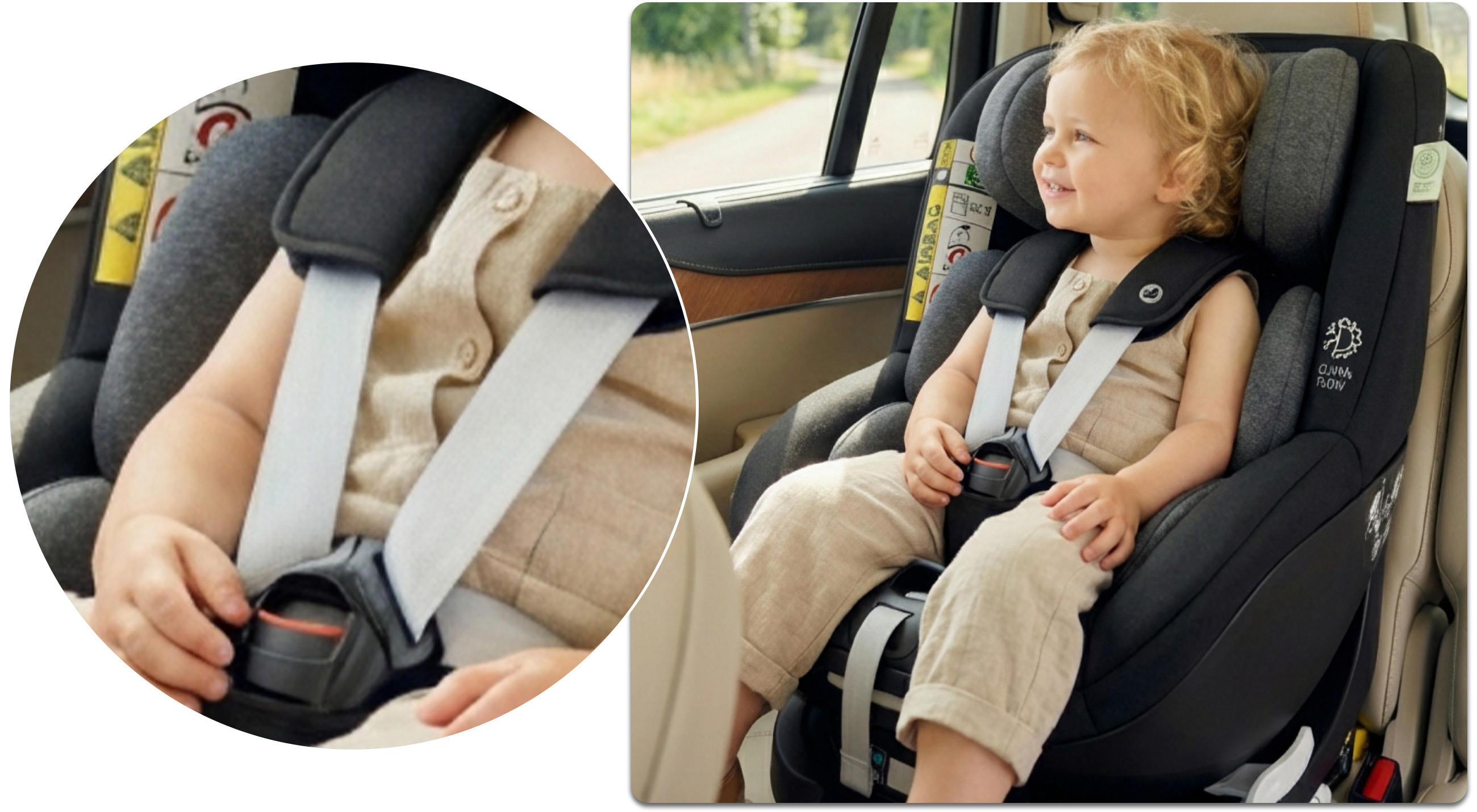 Kleinkind mit blonden Locken und beigen Leinen-Klamotten sitzt in schwarzem Kindersitz auf der Auto-Rückbank.