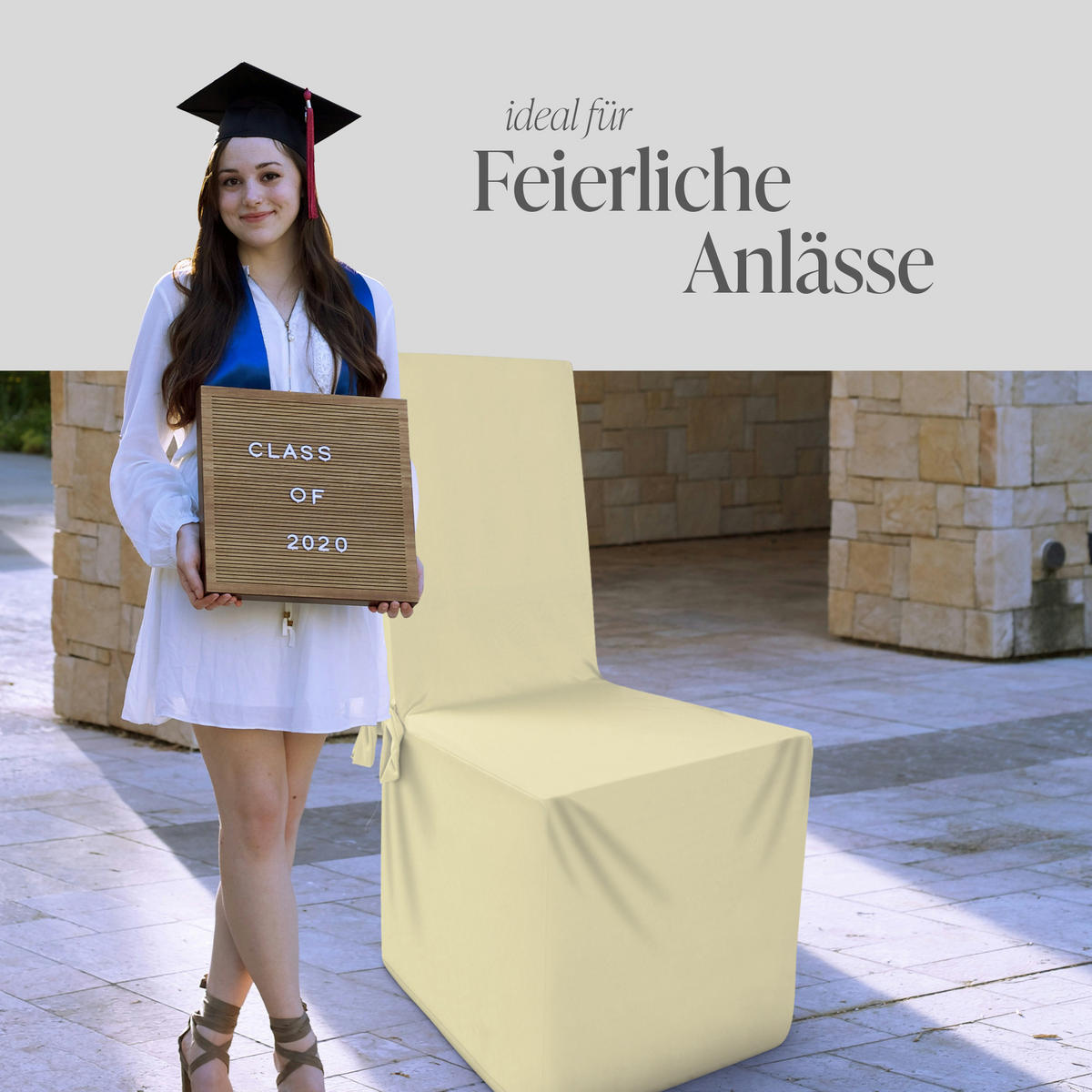STUHLHUSSE ( Creme ) - Stretchhusse für eckige Stuhllehnen - ( 45 cm x 96 cm ) elastischer Bankett Stuhlbezug - Creme, Textil (45/96cm) - Bestlivings