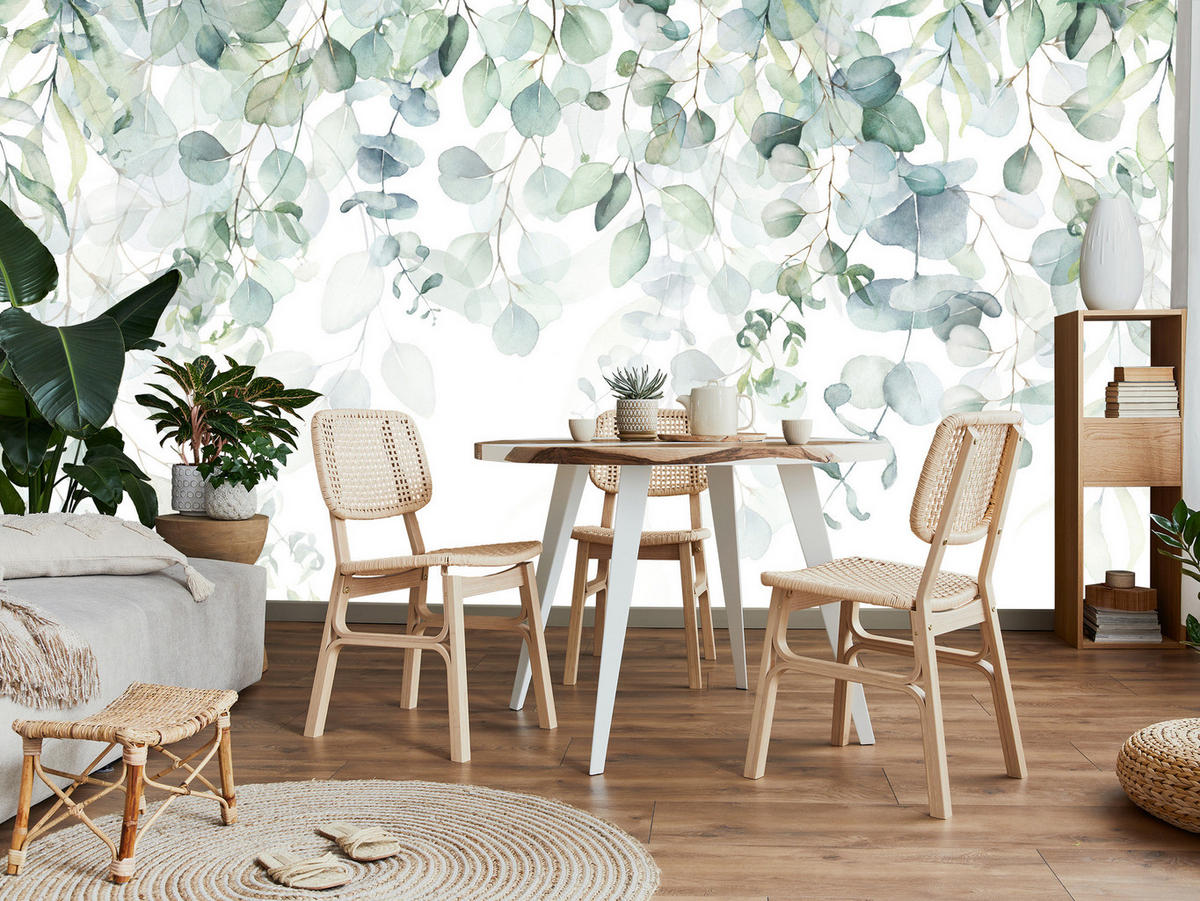 FOTOTAPETE Aquarell Eukalyptusblätter Pflanzen Natur 250x175 - Weiß/Grün, Papier (250/175cm) - Muralo