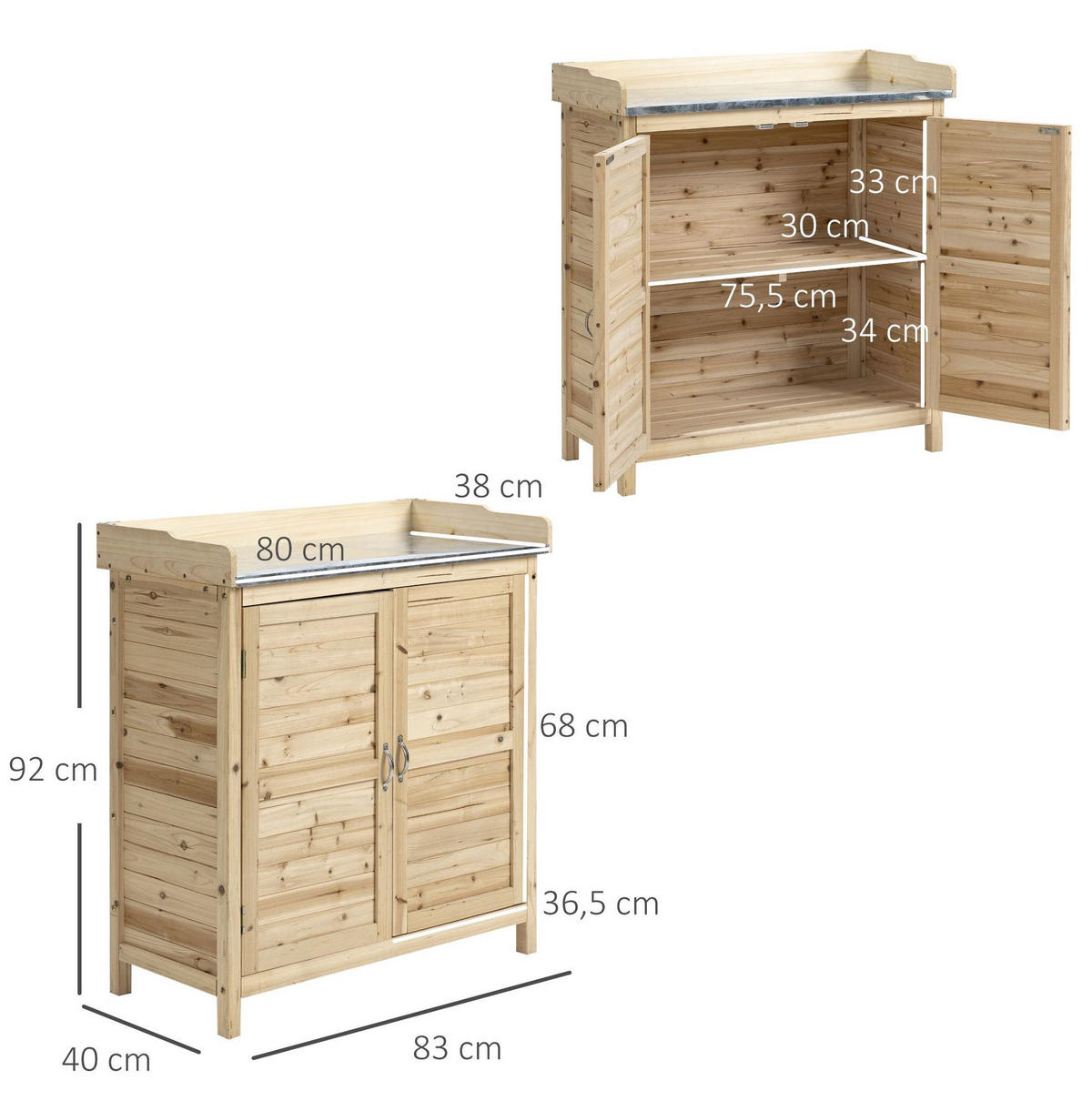 GARTENSCHRANK aus Massivholz 83x40x92 cm Natur mit Arbeitsplatte - Naturfarben, Holz (40/92/83cm) - Modfu