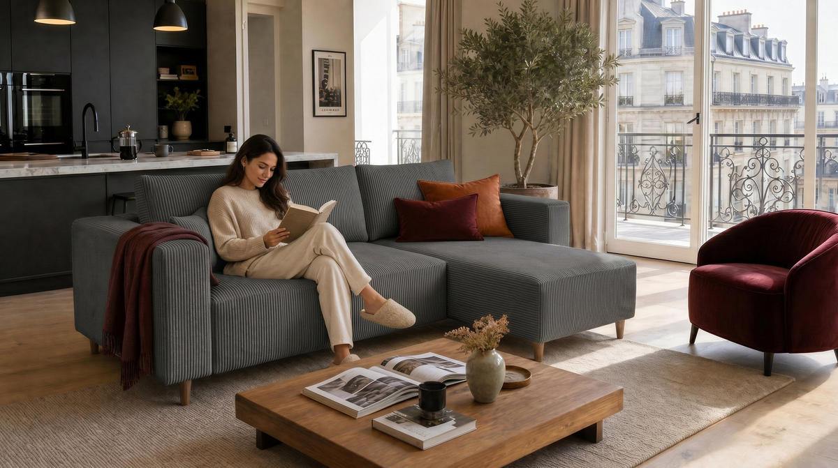 ECKSOFA mit Schlaffunktion und Bettkasten Rio, Ecksofa Cordstoff Dunkelgrau, Ottomane Universal, 249x142 cm - Dunkelgrau, Textil (249/142cm) - Marpur