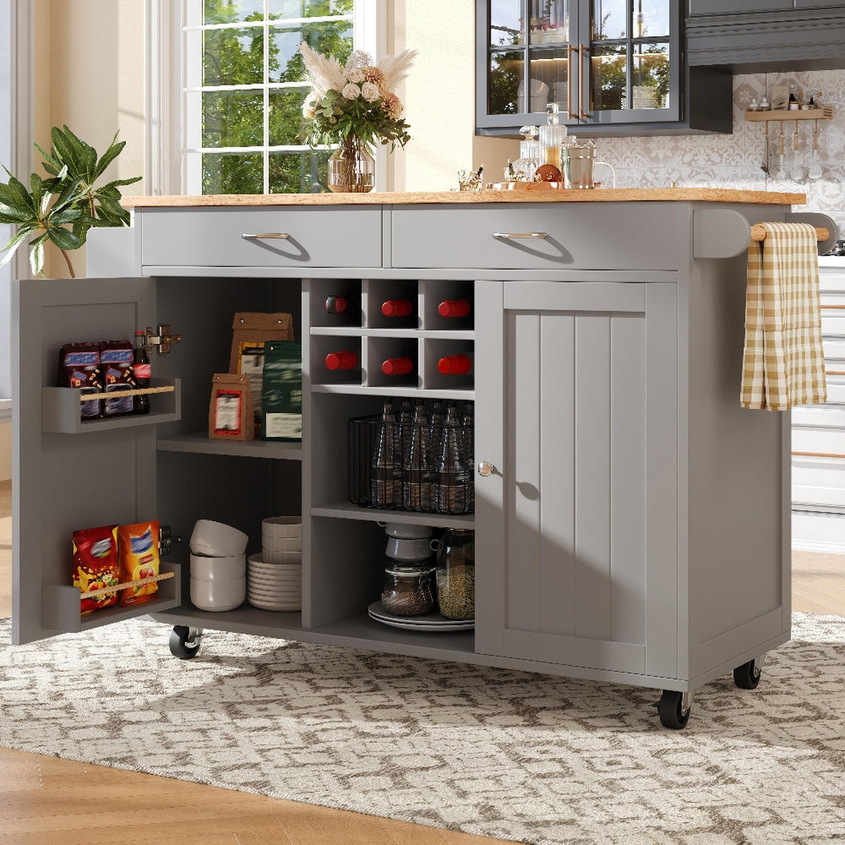 KÜCHENINSEL MIT ROLLEN, Multifunktionaler Buffetschrank, MDF/Metall, Grau-Holzoptik, Küche & Esszimmer, 102/45/92 cm - Grau, Kunststoff (45/92/102cm) - Rolipo