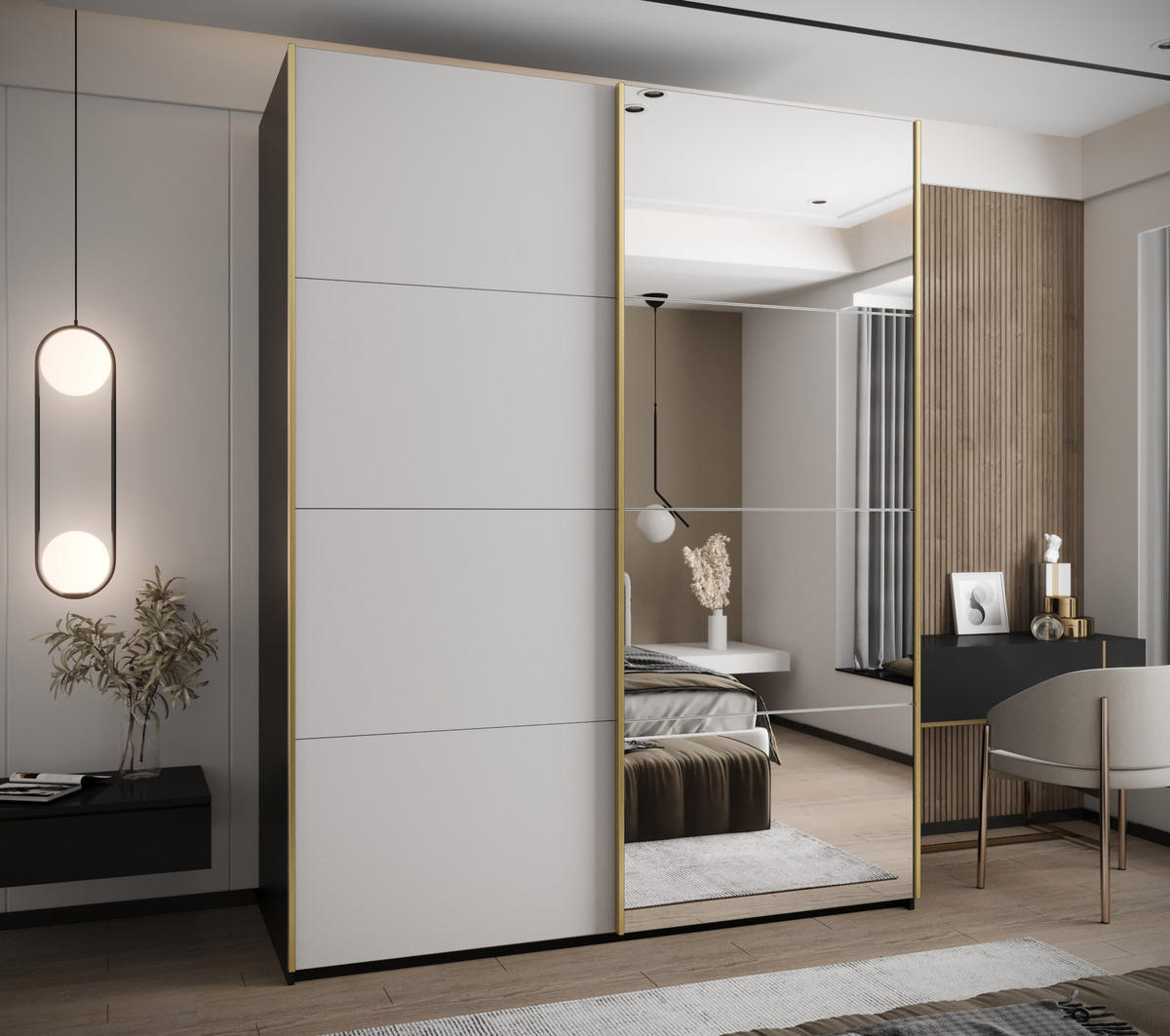 SCHWEBETÜRENSCHRANK 245,5/200/64 2-türig - Goldfarben/Schwarz, Holz/Metall (200/245/64cm) - Abiks Möbel