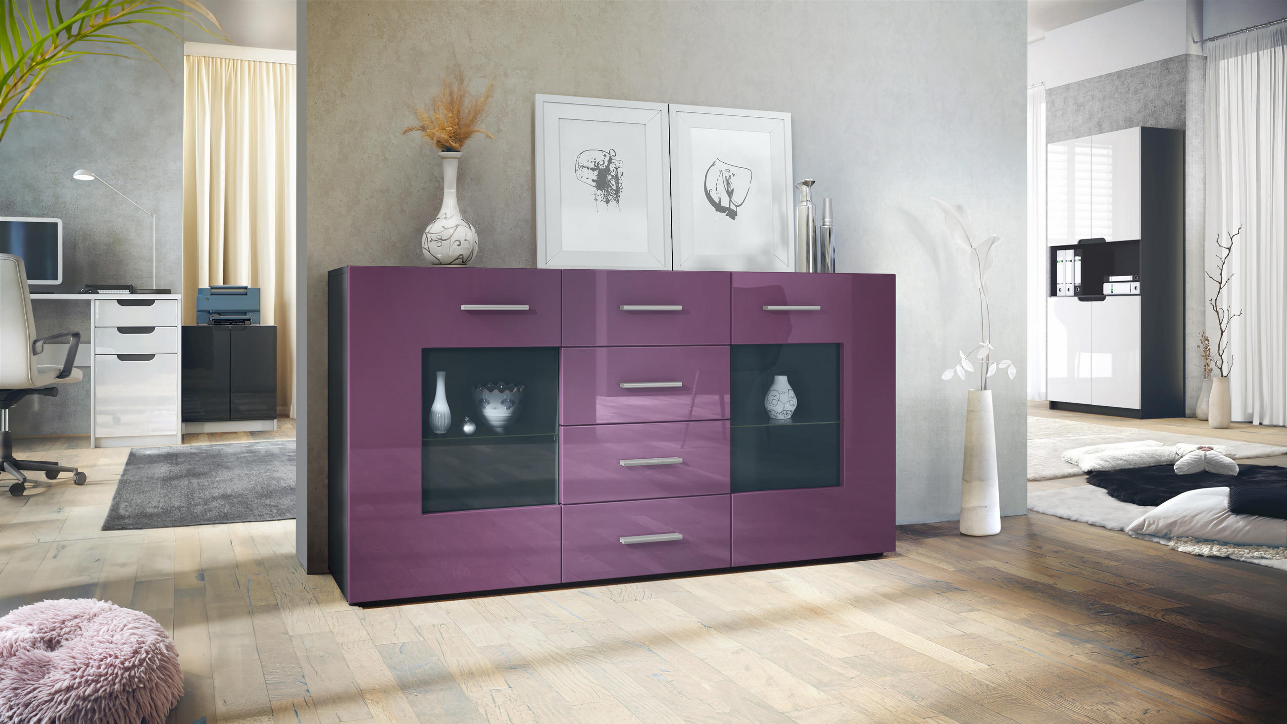 SIDEBOARD Noah Brombeer Hochglanz - Brombeere, Holzwerkstoff (139/72/35cm) - Vladon