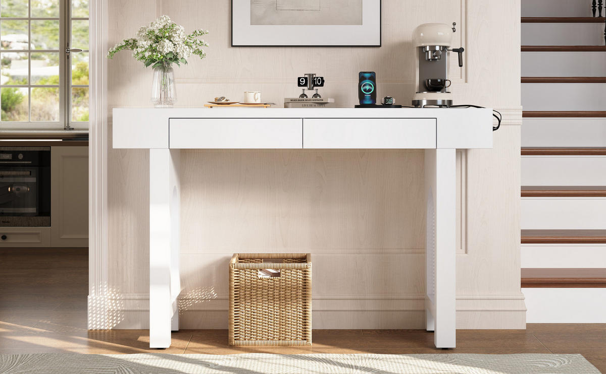 KONZOLOVÝ stolek z MDF 120x35,5x76,5 cm bílý se 2 zásuvkami, USB, Type-C a nastavitelnými nožkami - bílá, kompozitní dřevo (35.5/120/76.5cm) - Modfu