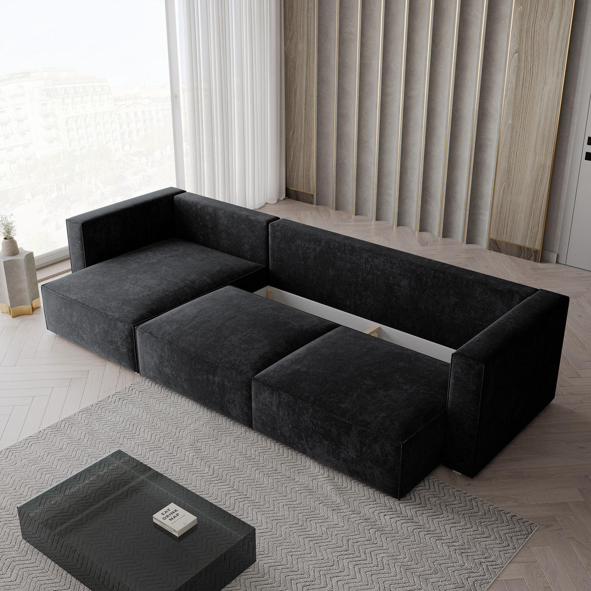ECKSOFA TOLMO LM Schwarz Chenille mit Schlaffunktion - Schwarz, Holzwerkstoff/Textil (347/148cm) - MASSENO